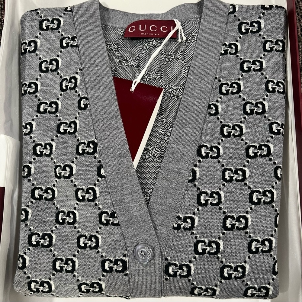 100% Authentic NEW with Tags - Gucci Gray/ Black Cardigan with Monogram Pattern!